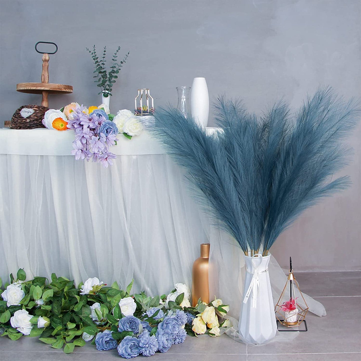 7-Pcs 38"/3.1FT Faux Pampas Grass Large Tall Fluffy Artificial Fake Flower Boho Decor Bulrush Reed Grass for Vase Filler Farmhouse Home Wedding Decor (Blue)