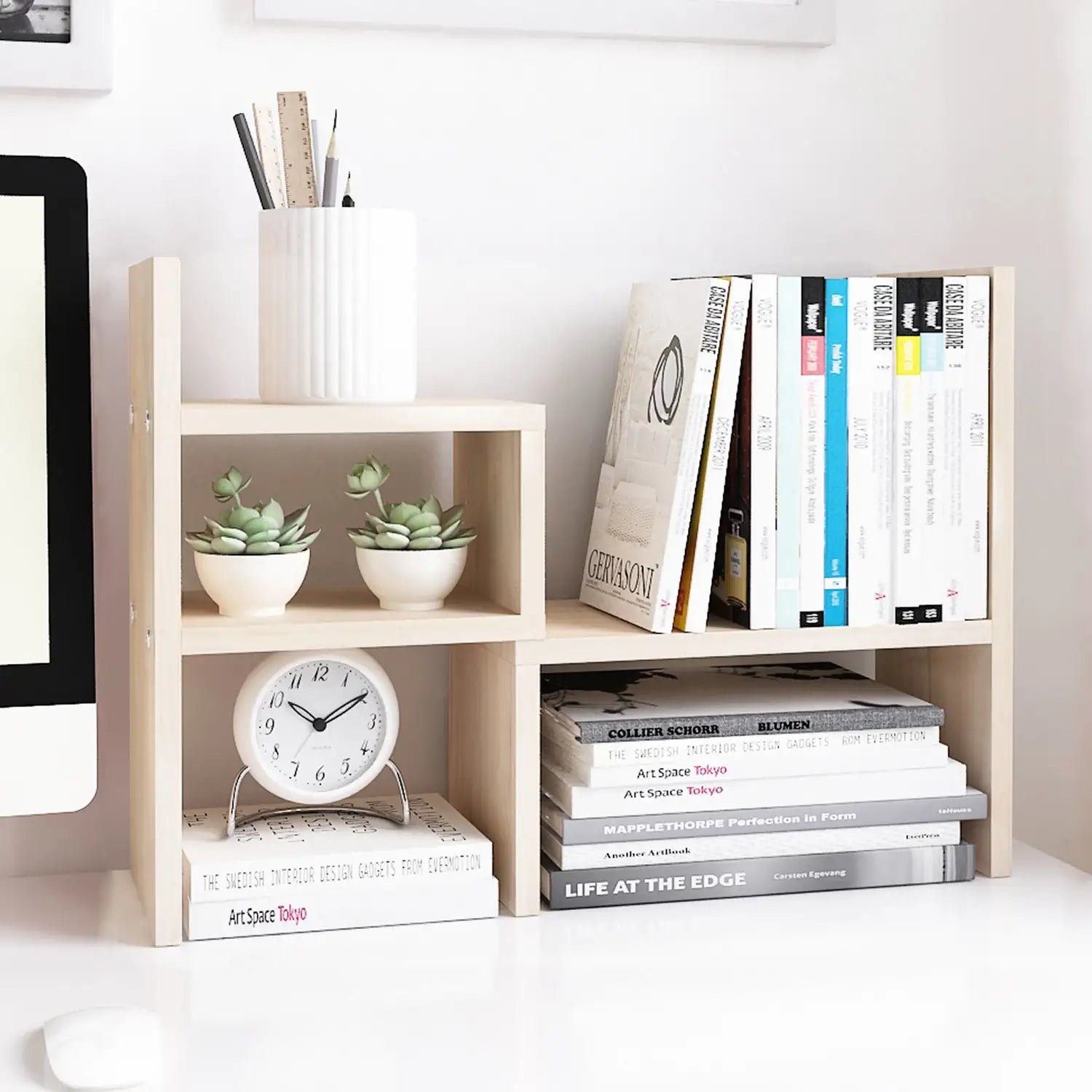 - Desktop Organizer Office Storage Rack Adjustable Wood Display Shelf | Birthday Gifts - Toy - Home Decor | - Free Style Rotation Display - True Natural Stand Shelf White Wood Tone