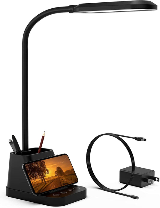 LED Desk Lamp with USB Charging Port, Small Desk Lamps for Home Office,  Desk Light for Bedrooms, Black Office Lamp for Small Spaces, 650LM, Gooseneck, Pen Holder, Study Lamps for College Dorm Room
