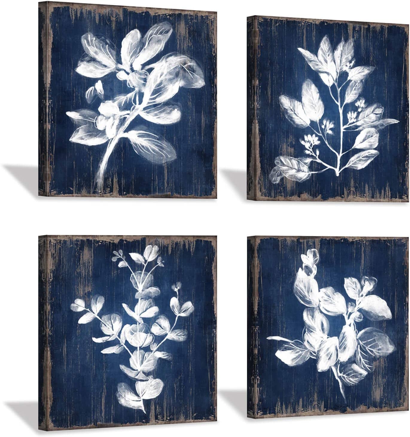 White Botanical Wall Canvas Art: Artistic Plant Picture Dark Blue Background Painting for Bathroom (12 X 12 X 4 Panels)