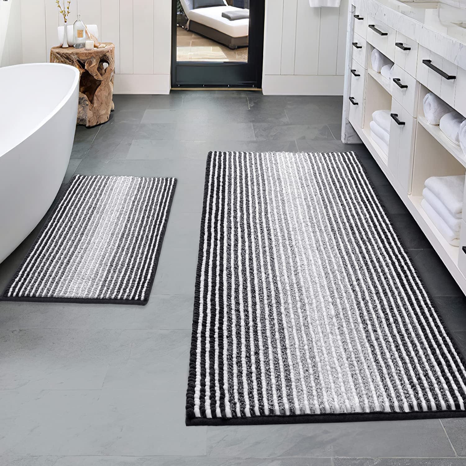 Bathroom Rugs and Mats Sets, 2 Piece Thick Absorbent Chenille Bath Mat Rug Set Non Slip, Soft Shaggy Bath Room Floor Mats for Bathroom, Machine Washable (20" X 47" plus 16" X 24", Black)
