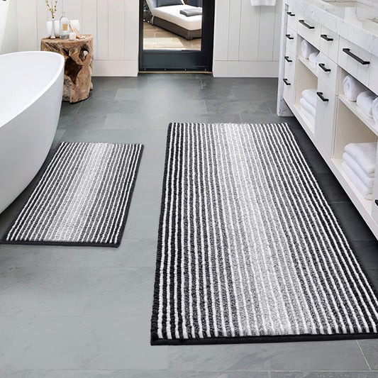 Bathroom Rugs and Mats Sets, 2 Piece Thick Absorbent Chenille Bath Mat Rug Set Non Slip, Soft Shaggy Bath Room Floor Mats for Bathroom, Machine Washable (20" X 47" plus 16" X 24", Black)