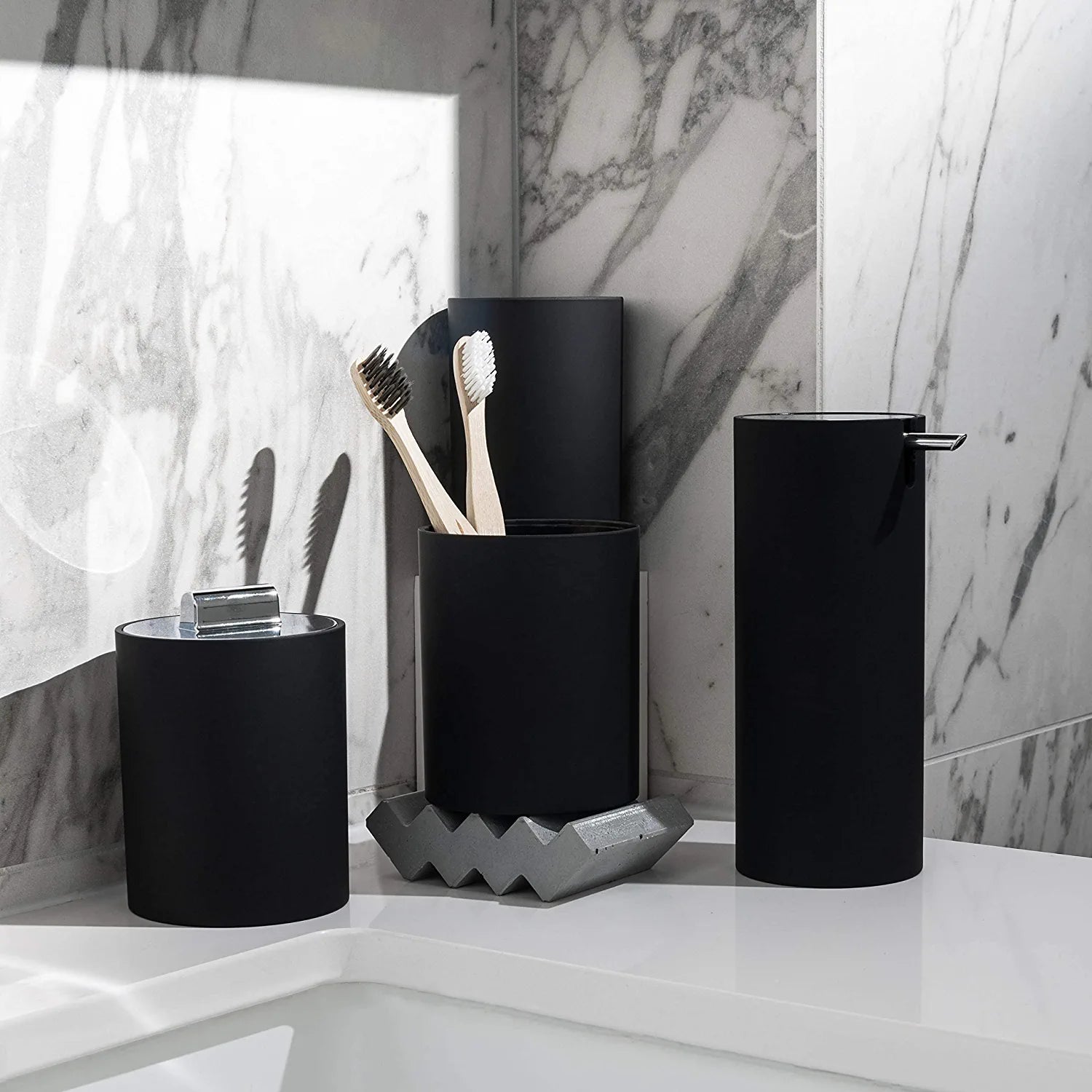 Sleek Matte Black Bathroom Accessory Set 4 Pcs Complete Bathroom Set Modern Bathroom Decor Bathroom Organizer Accesorios Para Baños Toothbrush Holder Soap Dispenser Set Home Decor Clearance