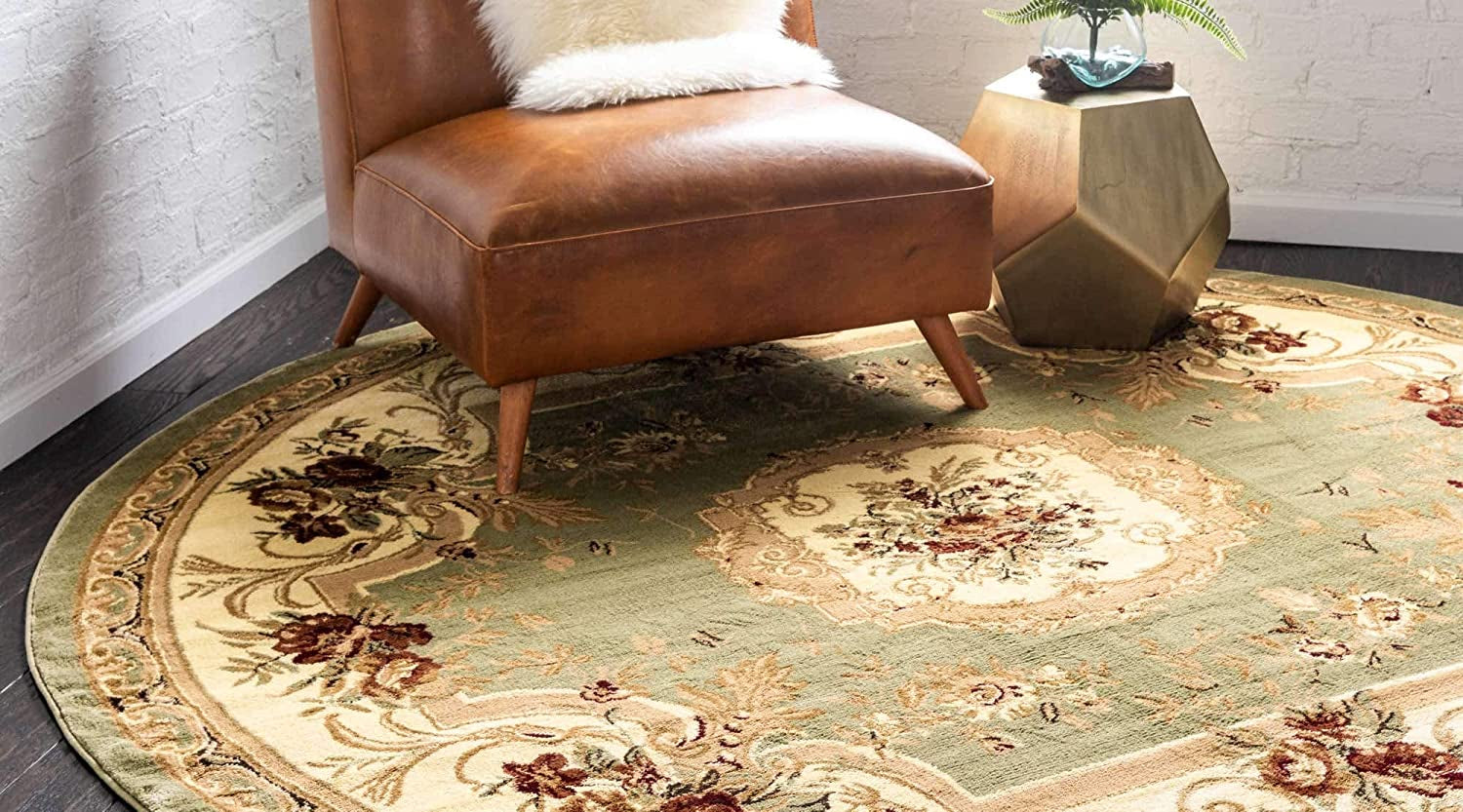 Versailles Collection Traditional Classic Green round Rug (6' X 6')