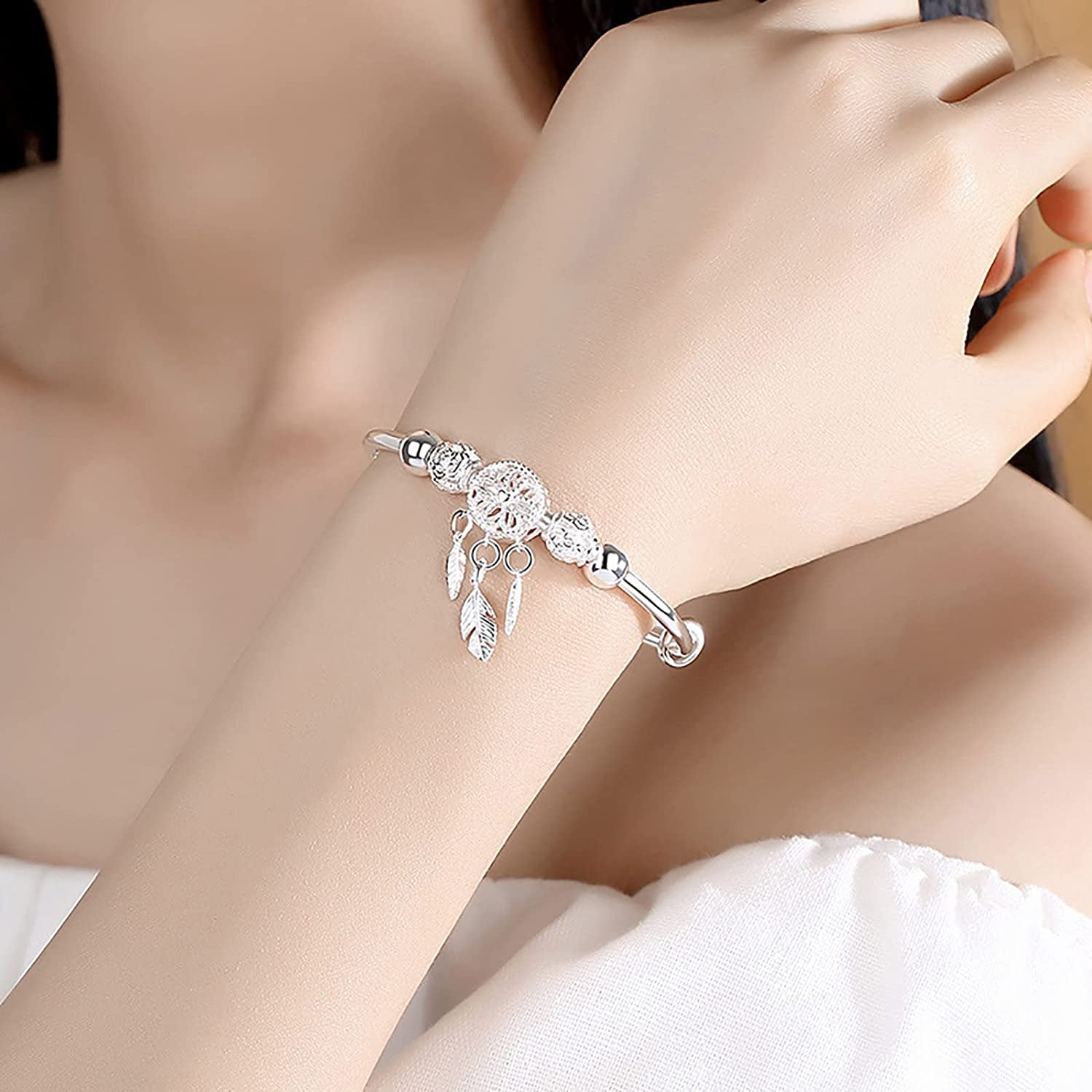 Silver Dream Catcher Tassel Feather Charm Bracelet Bangle Adjustable Mother'S Day Jewelry Gift Birthday Christmas Gifts for Women Mom Wife Girls