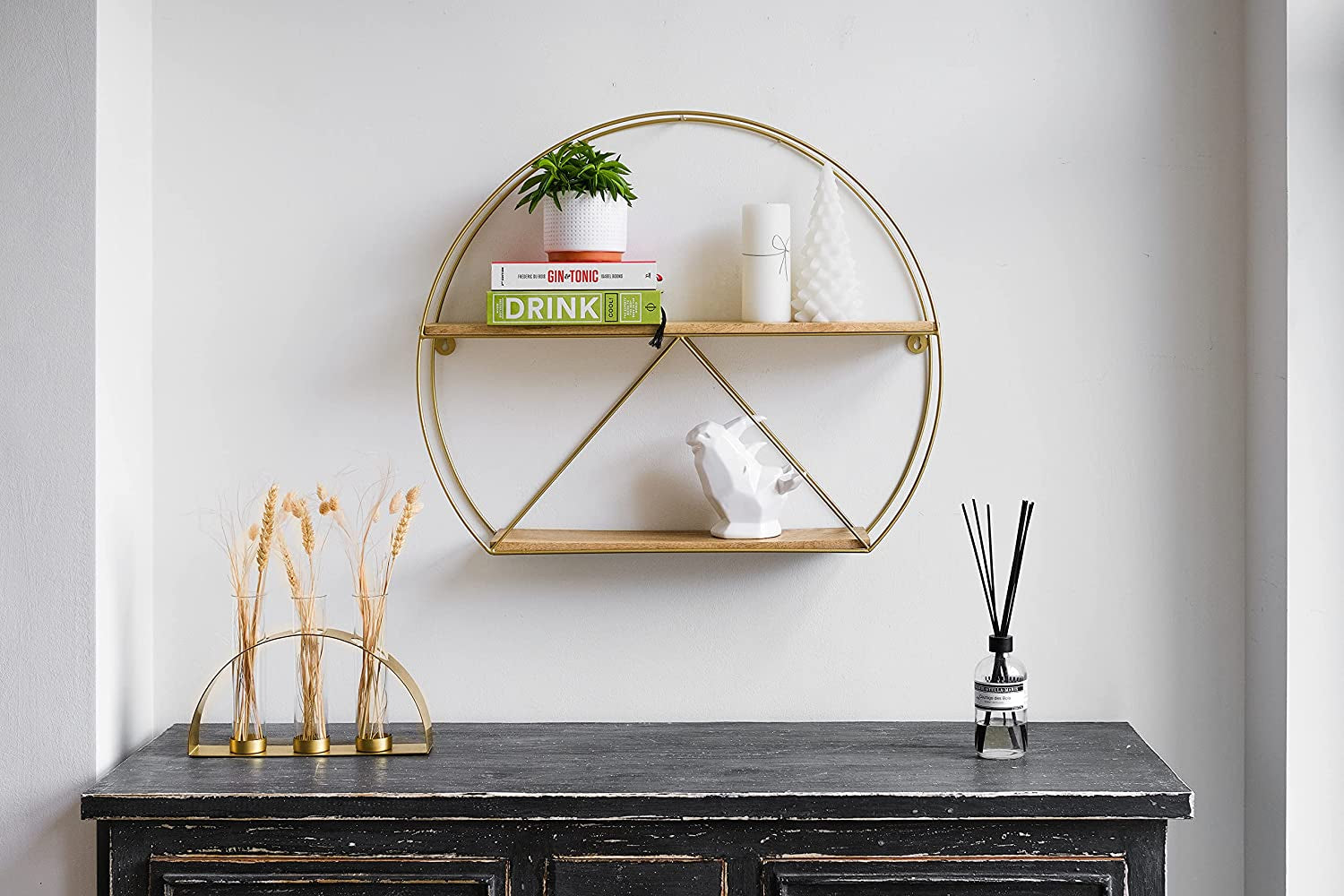 Gold round Wall Shelves, Large Circular Floating Shelf for Bathroom, Living Room, Kitchen and Bedroom, Brass Geometric Wall Decor, Metal Sconce Shelf with Mango Wood, Boho Accent Display