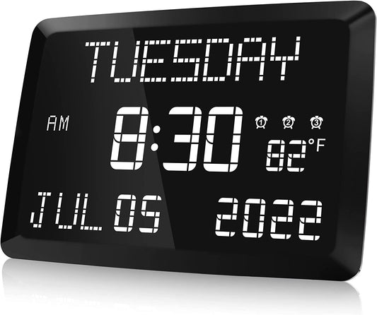 Digital Clock, 11.5" Large LED Word Display Dimmable Digital Wall Clock,Adjustable Brightness Digital Alarm Clock with Day and Date,Indoor Temperature,Snooze,12/24H,Dst for Home, Office,Elderly