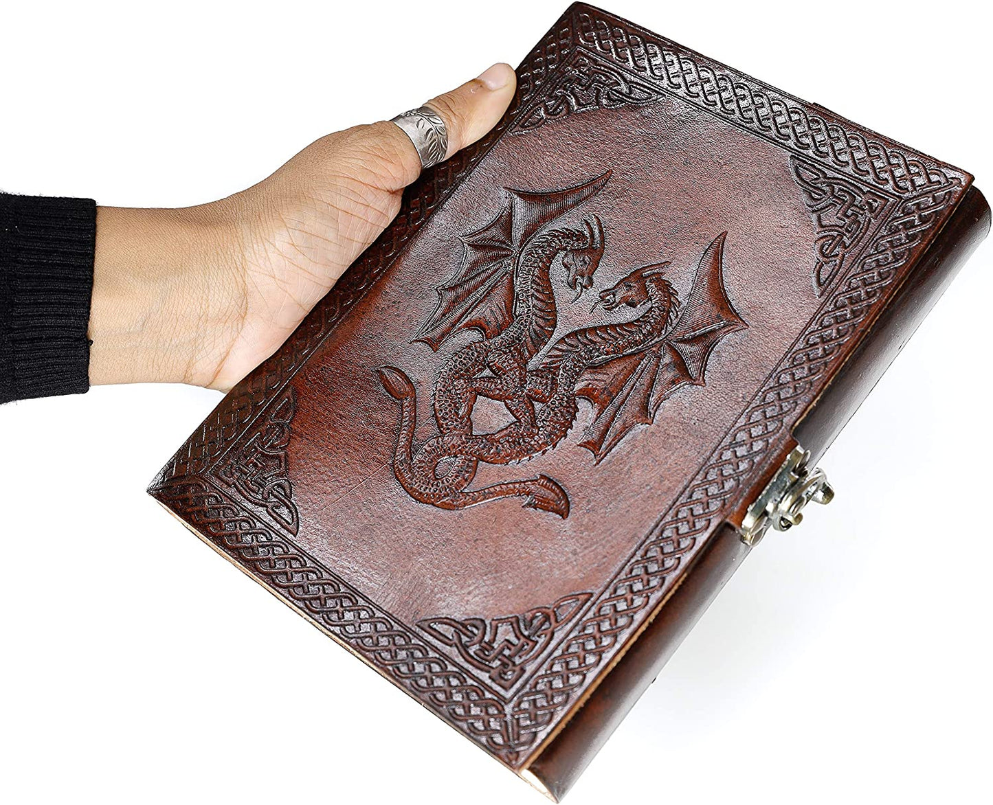 Handmade Leather Double Dragon Journal/Writing Notebook Diary/Bound Daily Notepad for Men & Women Unlined Paper Medium, Writing Pad Gift for Artit, ketch (8 X 6, Brown)