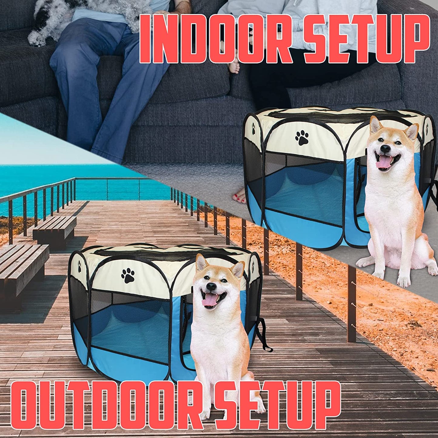 Portable Foldable Pet Puppy Playpen - Indoor Outdoor with Water Resistant Removable Shade Cover for Dog Cat Rabbit (Medium)