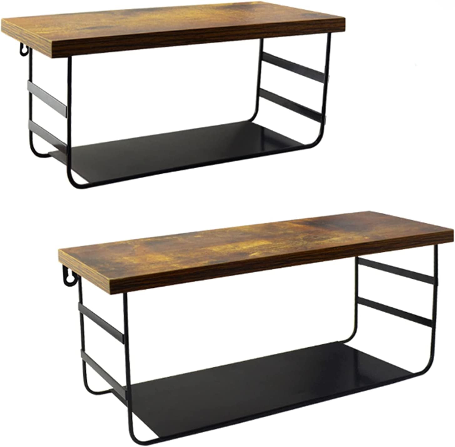 2 Tier Wall Mounted Shelf Set of 2, Wall Floating Shelves with Black Metal for Bedroom, Living Room, Bathroom, Laundry Room, Kitchen, 2 Different Sizes