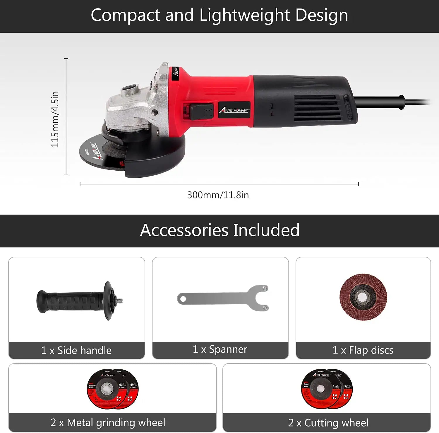 Angle Grinder, 7.5-Amp 4-1/2 Inch Electric Grinder Power Tools with Grinding Wheels, Cutting Wheels, Flap Disc and Auxiliary Handle for Cutting, Grinding, Polishing and Rust Removal - Red