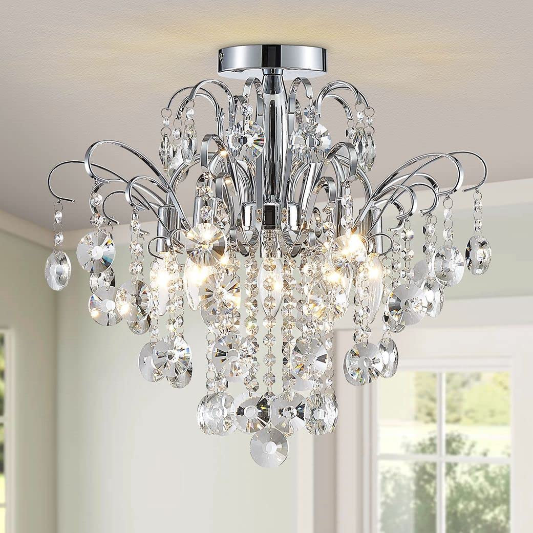 Crystal Chandelier Flushmount Ceiling Light Modern Lighting Fixture for Bedroom Hallway Bar Kitchen Bathroom, H 17.5'' X W 19.3'', E12 Base, Chrome