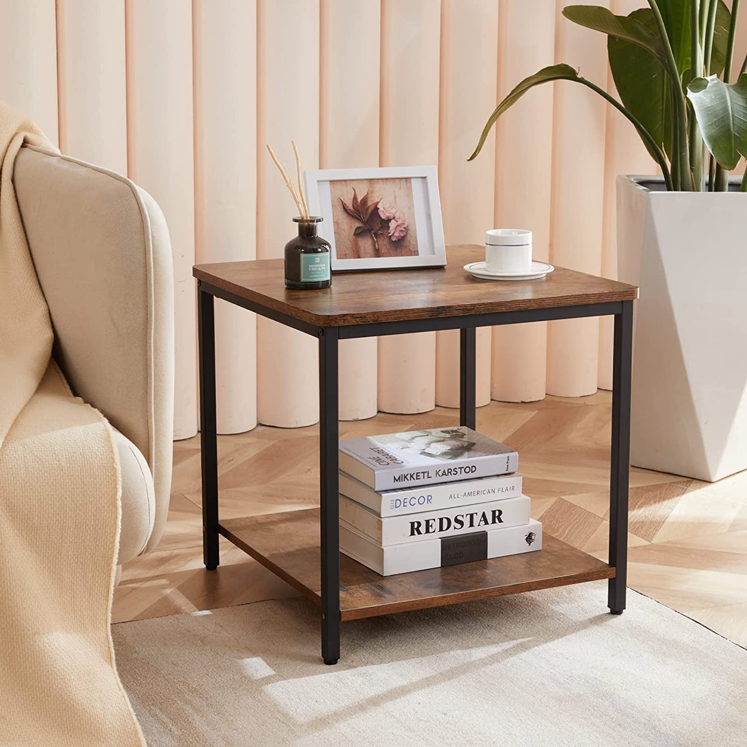 Side Table 20 Inch Square Modern End Table, Night Stand with 2-Tier Storage Shelf, Living Room Small Coffee Table, Wood Finish Bedside Table for Bedroom