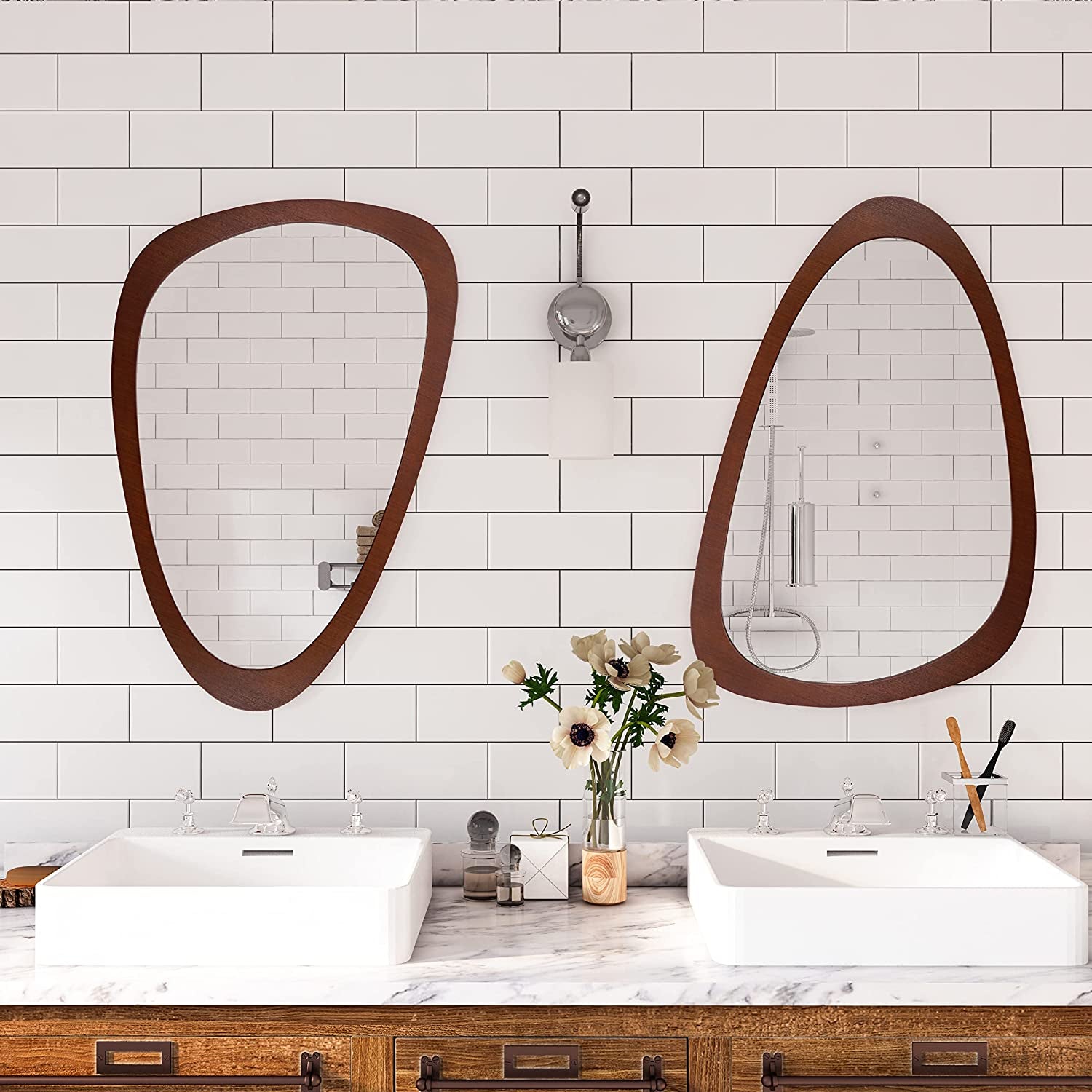Irregular Wall Mirror 30"X20" Wall-Mounted Mirror with MDF Frame, Large Asymmetrical Mirrors for Wall Irregular Mirror for Bathroom Bedroom Entryway, Dark Walnut