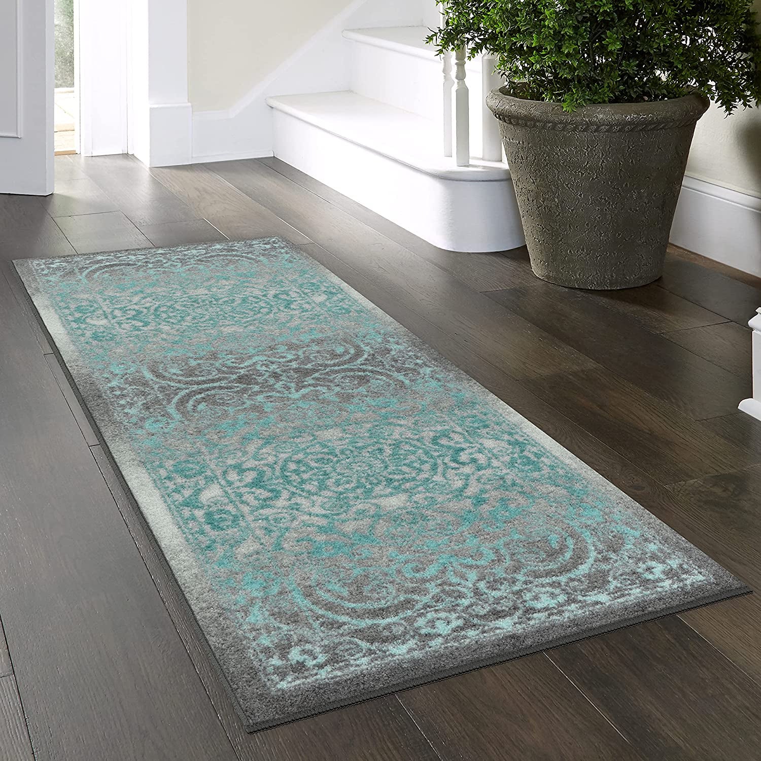 Pelham Vintage Runner Rug Non Slip Washable Hallway Entry Carpet [Made in USA], 2 X 6, Grey/Blue
