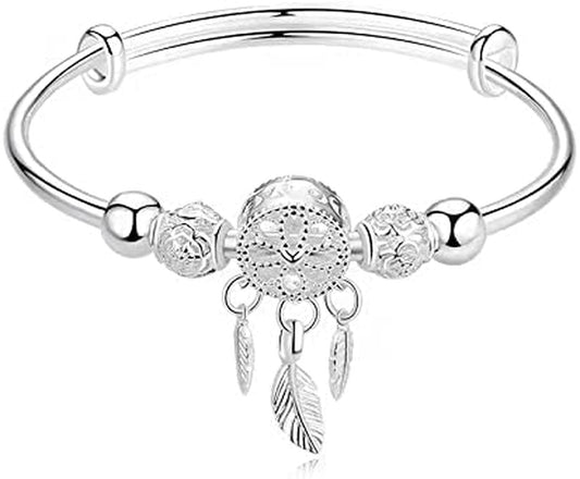Silver Dream Catcher Tassel Feather Charm Bracelet Bangle Adjustable Mother'S Day Jewelry Gift Birthday Christmas Gifts for Women Mom Wife Girls