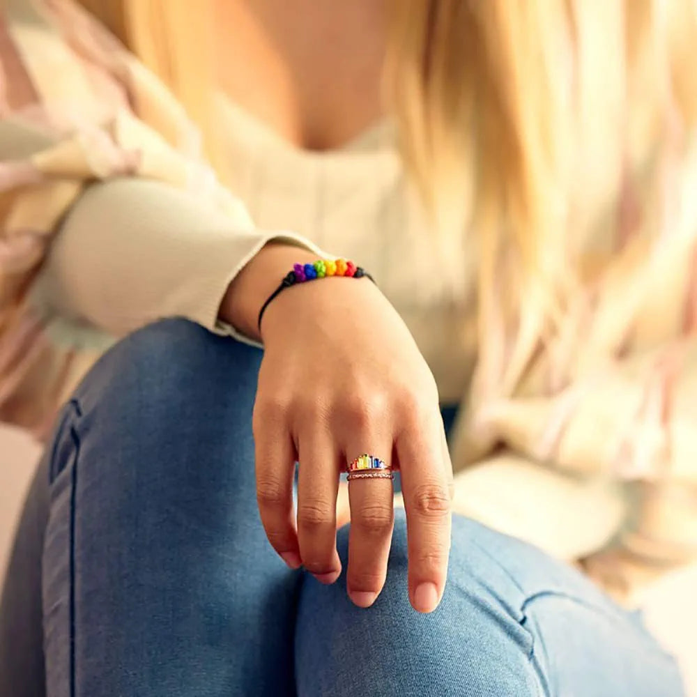 Rainbow Ring Double Band, Adjustable Wide Band Stacking Rainbow Rings for Women, Adjustable Opening