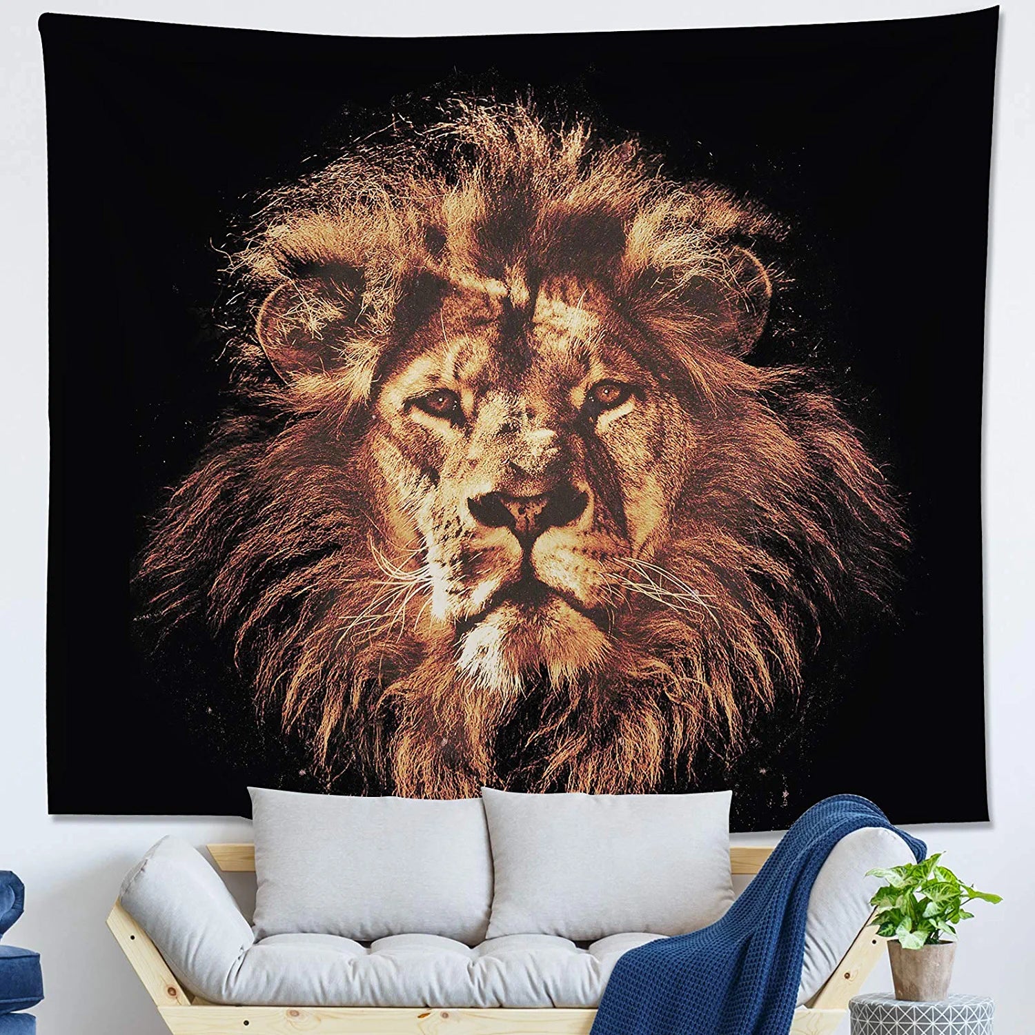 Lion Tapestry Wall Hanging Lion Head Portrait Black and Gold Wall Tapestry for Bedroom Home Wall Décor (51.2X59.1 Inches, 130X150 Cm)