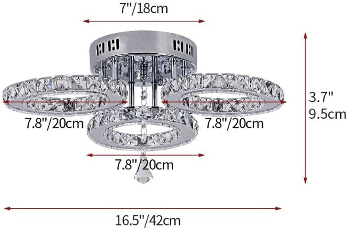 Deckrico Modern Crystal Chandelier Flush Mount Stainless Steel Pendant Ceiling Lamp 3-Rings round LED Light Fixtures for Living Room Bedroom Restaurant Porch Dining Room (Cool White)