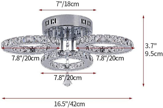 Deckrico Modern Crystal Chandelier Flush Mount Stainless Steel Pendant Ceiling Lamp 3-Rings round LED Light Fixtures for Living Room Bedroom Restaurant Porch Dining Room (Cool White)