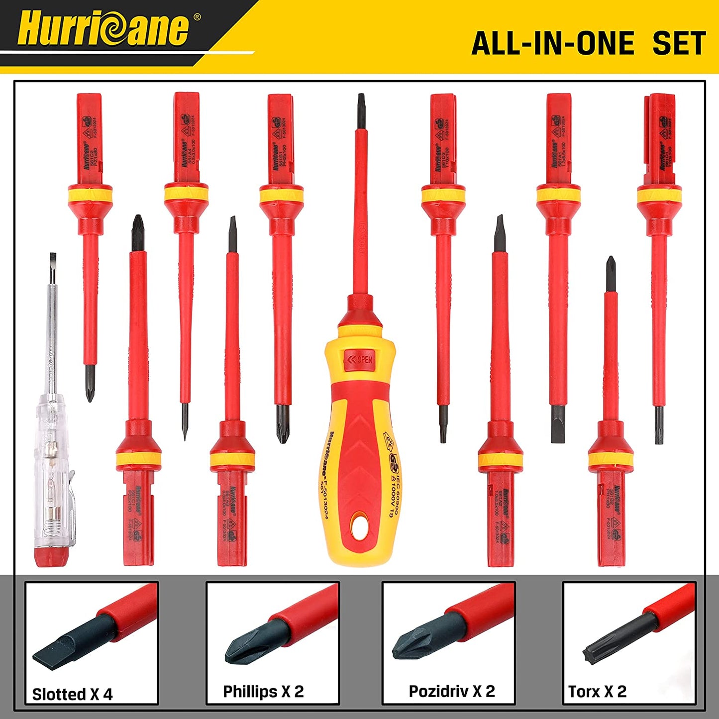 HURRICANE 1000V Insulated Electrician Screwdriver Set, All-In-One Premium Professional 13-Pieces CR-V Magnetic Phillips Slotted Pozidriv Torx Screwdriver