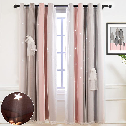 Star Curtains for Girls Bedroom Blackout Curtains for Kids Room Decor Star Hollow Out Princess Curtain Cutout Ombre Striped Lace Window Curtain 1 Panel (42W X 84L, Pink Grey)