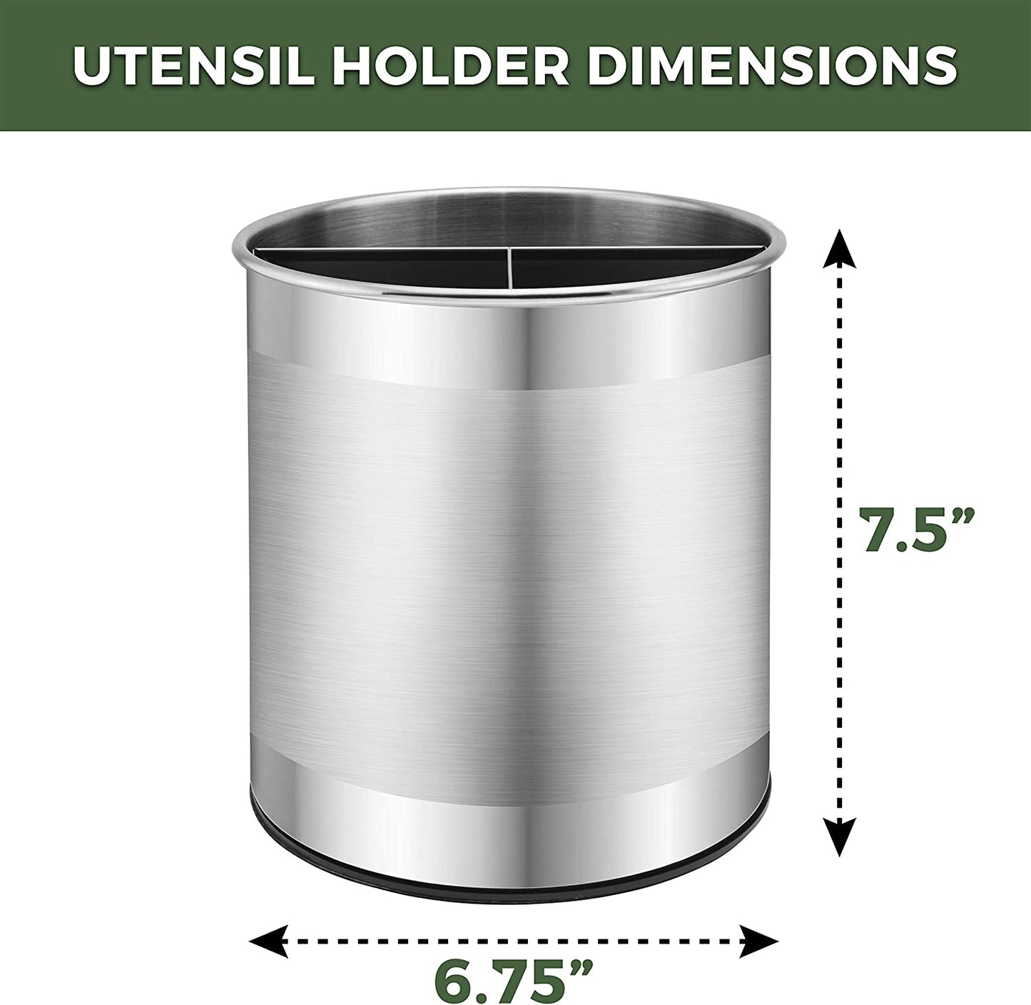 Extra Large Stainless Steel Kitchen Utensil Holder - 360° Rotating Utensil Caddy - Weighted Base for Stability - Countertop Organizer Crock with Removable Divider (Brushed Stainless Steel)