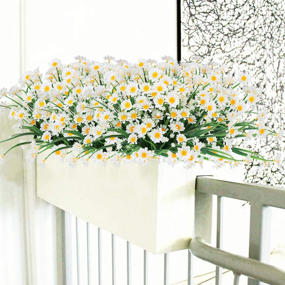 Artificial Daisies Flowers Outdoor UV Resistant 4 Bundles Fake Foliage Greenery Faux Plants Shrubs Plastic Bushes for Window Box Hanging Planter Farmhouse Indoor outside Decor(White)