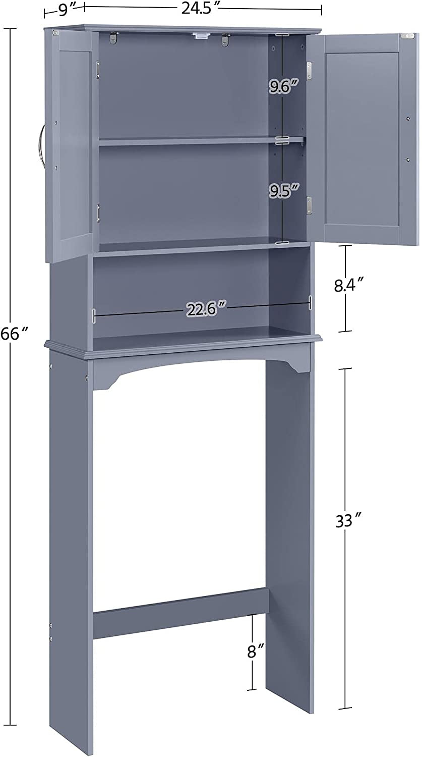 over the Toilet Bathroom Cabinet with 2 Doors & Adjustable Shelf, Free Standing Toilet Rack Space-Saving, L24.5Xw9Xh66 Inches, Grey
