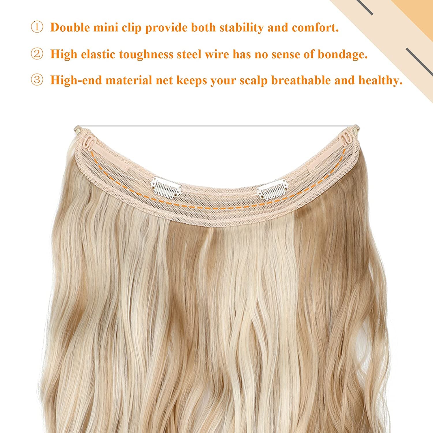 Serect Hair Extension 20" Curly Wavy Invisible Wire Adjustable Hair Extensions Fish Line Flip in Synthetic Hairpiece for Women Bleach Blonde Mix Light Ash Blonde