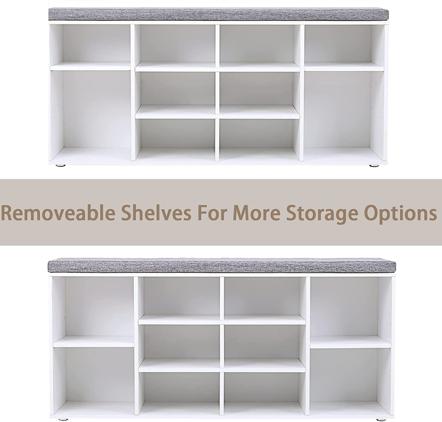 Shoe Storage Bench with Cushion, Cubby Shoe Rack with 12 Cubbies, Adjustable Shelves, Multifunctional Shoe Organizer Bench for Entryway, Mudroom, Hallway, Closet and Garage, White