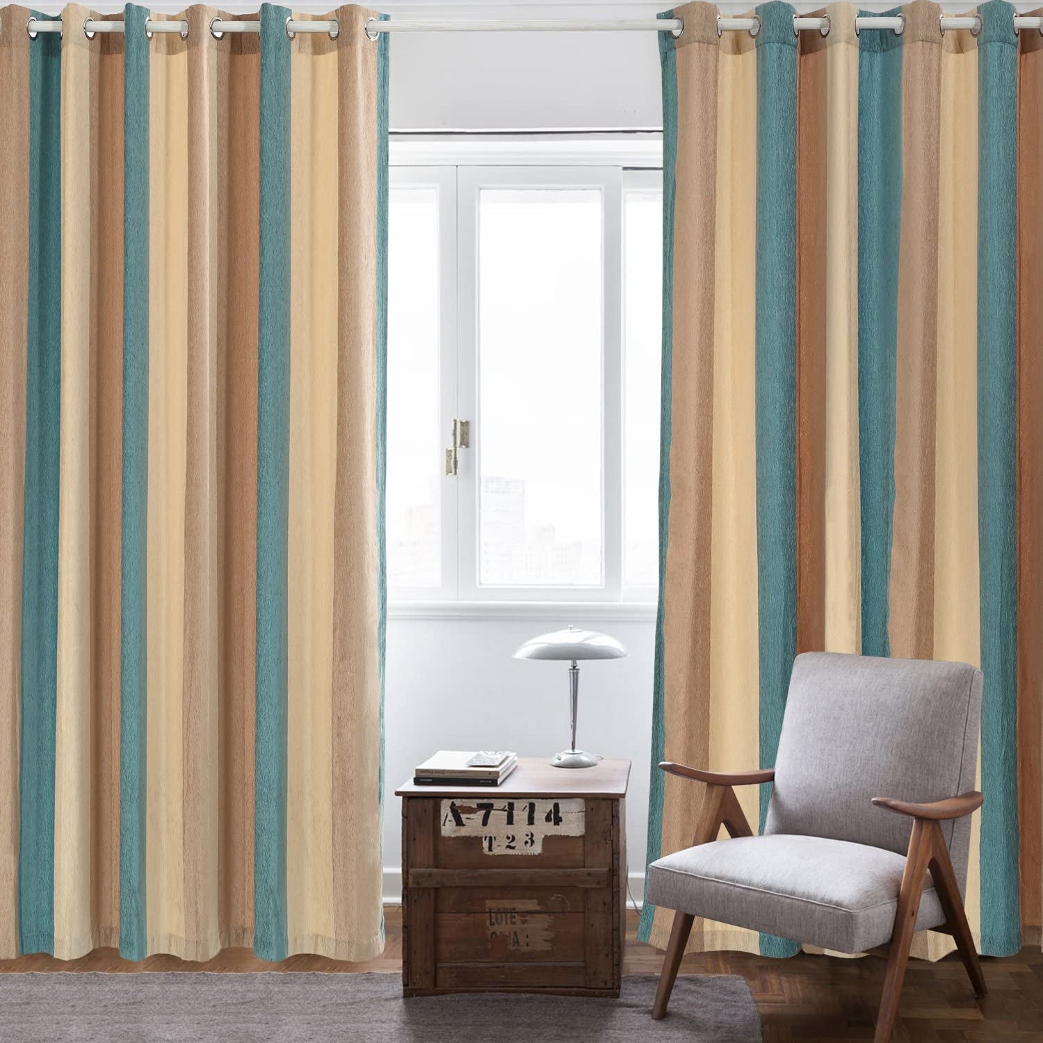 Bedroom Curtains Absolute Heat Insulation Chenille Vertical Striped Color Window Curtains Living Room Buttonhole Curtains Single Panel (W52Xl84, Blue)