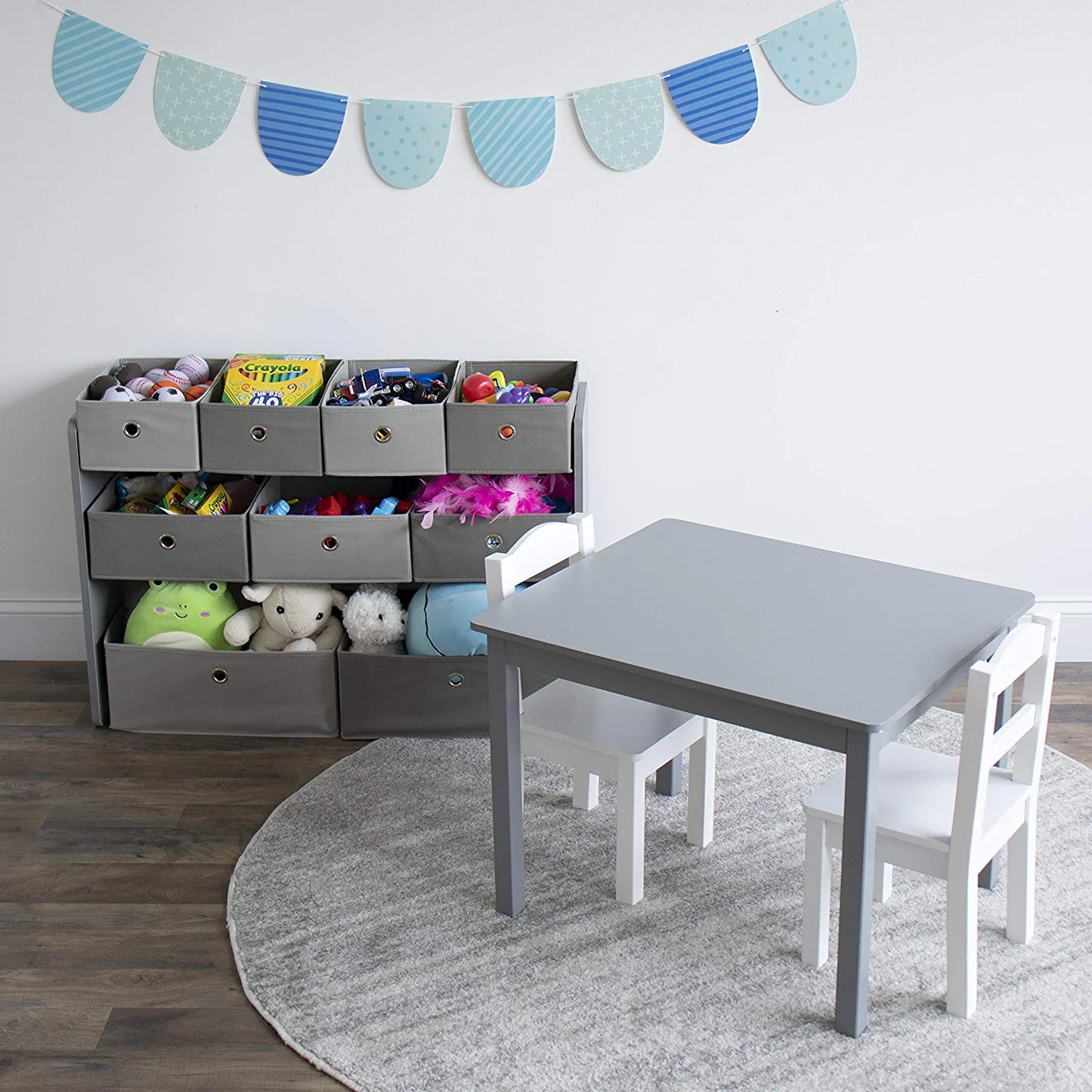 Kids Toy Organizer with 9 Storage Fabric Bins, Grey