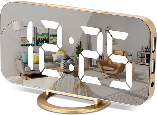 Digital Alarm Clock,7 in LED Mirrored Clocks Large Display,With 2 USB Charger Ports,Auto Dim,Night Mode,Modern Desktop Electronic Clocks for Bedroom Home Office Decor - Gold