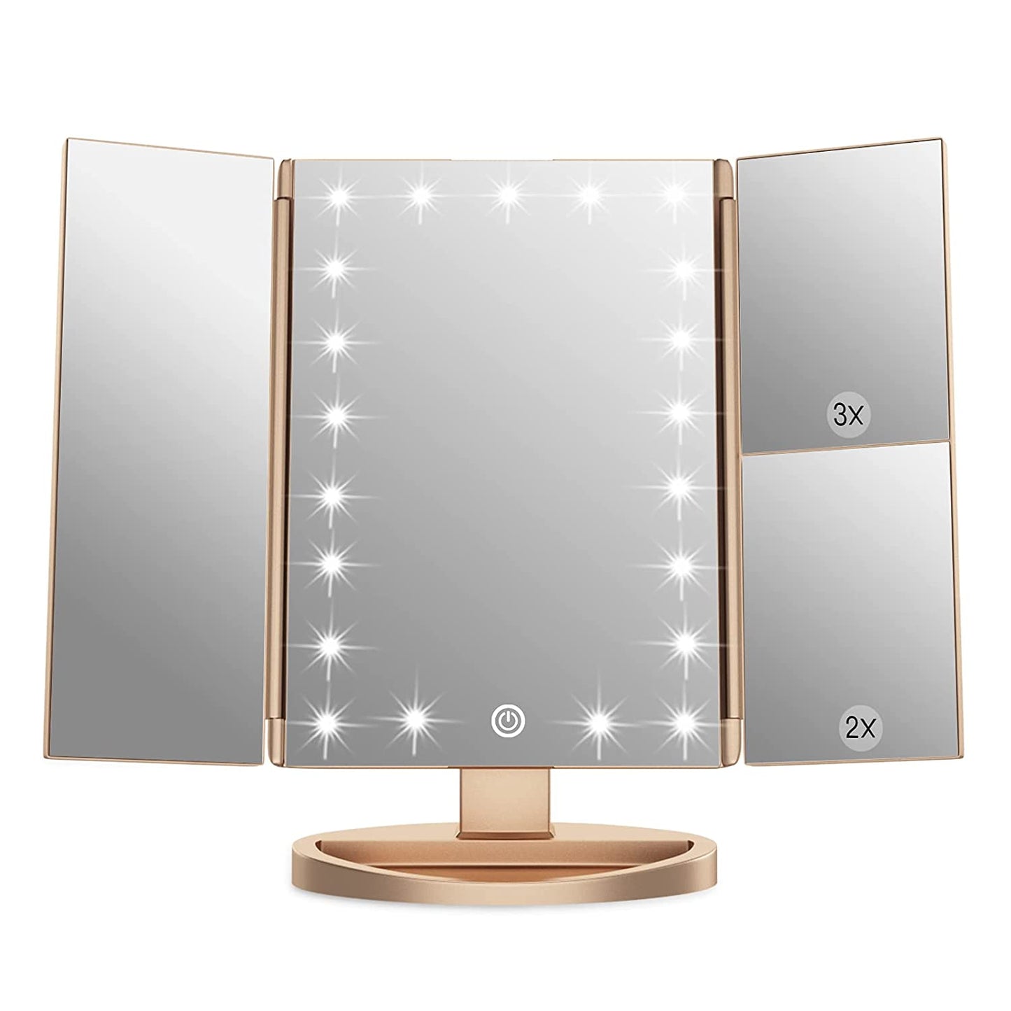 Makeup Mirror with 21 LED Lights,Two Power Supply, Touch Screen and 1X/2X/3X Magnification Tri-Fold Vanity Mirror , Gift for Women(Gold)