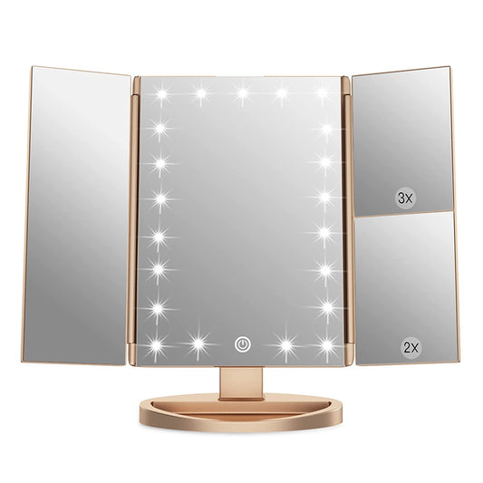 Makeup Mirror with 21 LED Lights,Two Power Supply, Touch Screen and 1X/2X/3X Magnification Tri-Fold Vanity Mirror , Gift for Women(Gold)