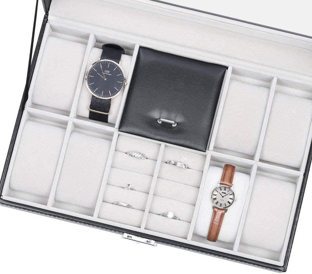 Watch Box, 8 Slots Lockable Leather Watch Case Organizer with Ring Storage for Women Men, Black
