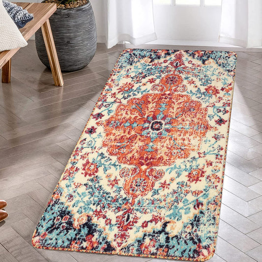 Bohemian Floral Medallion Area Rug - 2X4 Oriental Distressed Hallyway Runner Rug Doormat Faux Wool Non-Slip Bath Mat Washable Low-Pile Carpet for Kitchen Laundry Room(2 X 4, Orange Medallion)