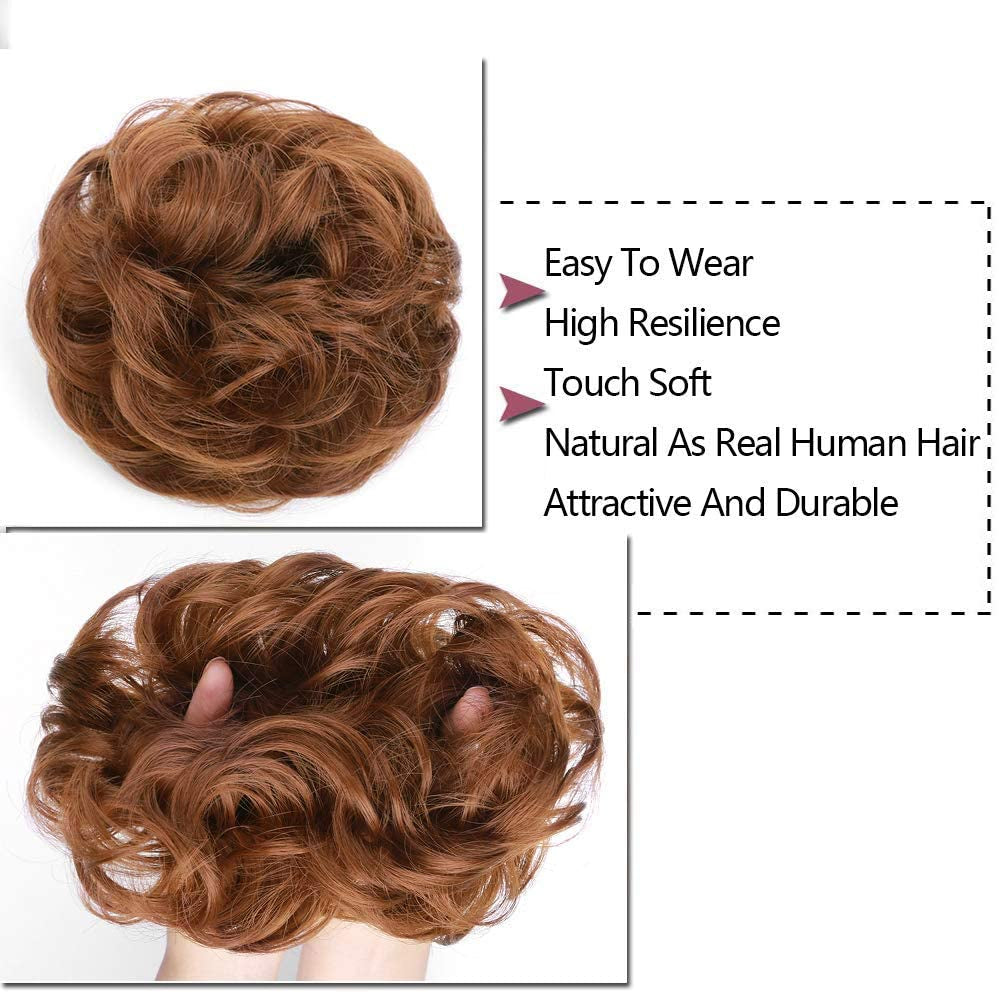 1PCS Messy Hair Bun Hair Scrunchies Extension Curly Wavy Messy Synthetic Chignon for Women Updo Hairpiece (Light Golden Auburn-30#)