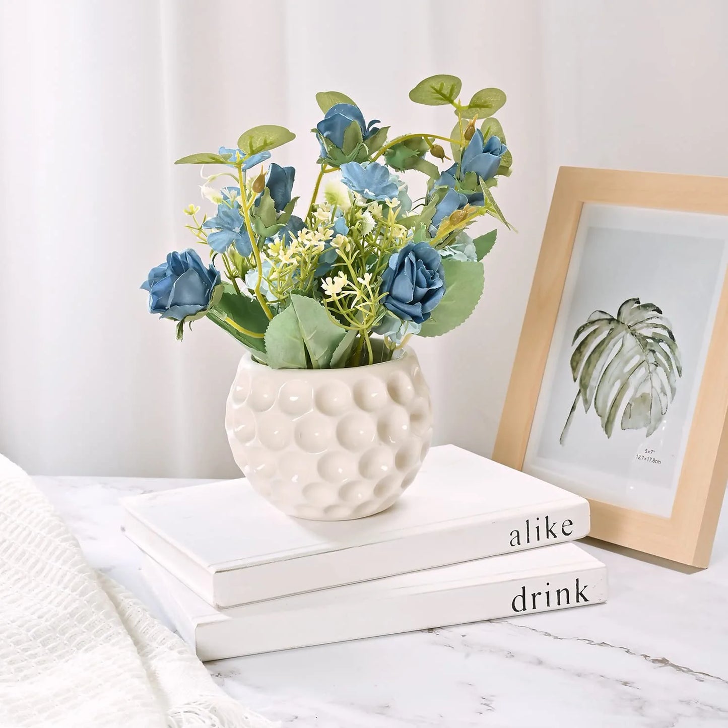 Artificial Rose Flowers in Ceramic Vase Blue, Faux Hydrangea Flower Arrangements for Home Decor Fake Flowers with Vase for Table Centerpieces Decoration