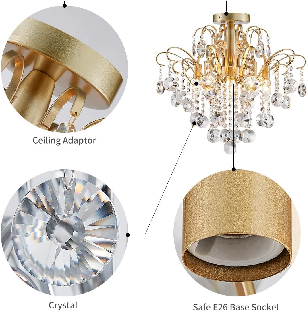 Crystal Chandelier Flushmount Ceiling Light Modern Lighting Fixture for Bedroom Hallway Bar Kitchen Bathroom, H 17.5'' X W 19.3'', E12 Base, Gold