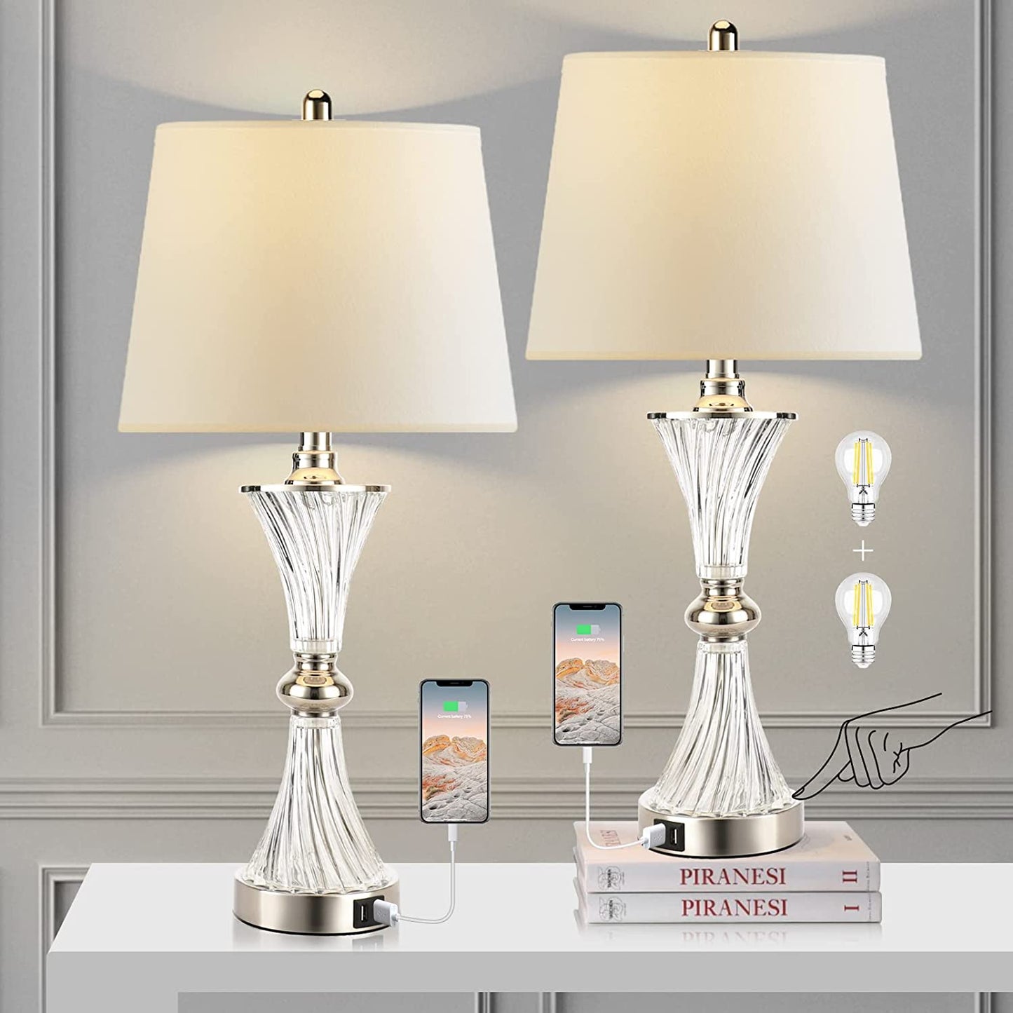 Touch Control Table Lamp for Bedrooms 3 Way Dimmable White Drum Shade Modern Bedsides Nightstand Lamp Set of 2 with 2 USB Charging Port(Bulbs Included)