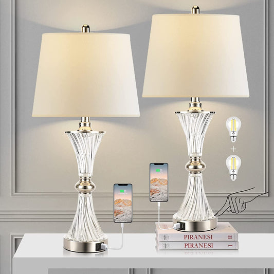 Touch Control Table Lamp for Bedrooms 3 Way Dimmable White Drum Shade Modern Bedsides Nightstand Lamp Set of 2 with 2 USB Charging Port(Bulbs Included)