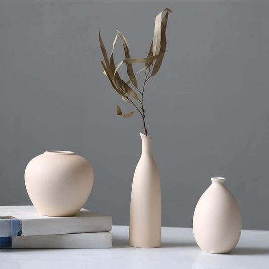 Abbittar Ceramic Vase Set of 3, Small Flower Vases for Rustic Home Decor, Modern Farmhouse Decor, Living Room Decor, Shelf Decor, Table Decor, Bookshelf, Mantel and Entryway Decor - Beige