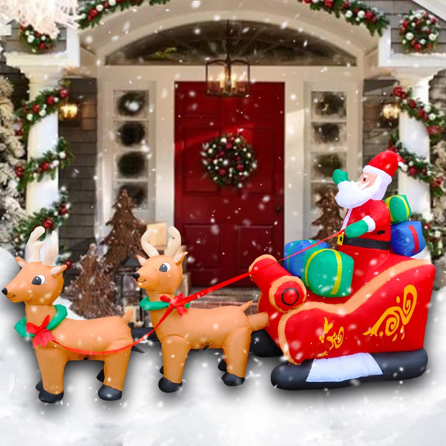 8 Ft Inflatable Christmas Reindeer Pull the Sleigh Take Santa Claus Xmas Decoration for Yard Lawn Garden Home Party Indoor Outdoor