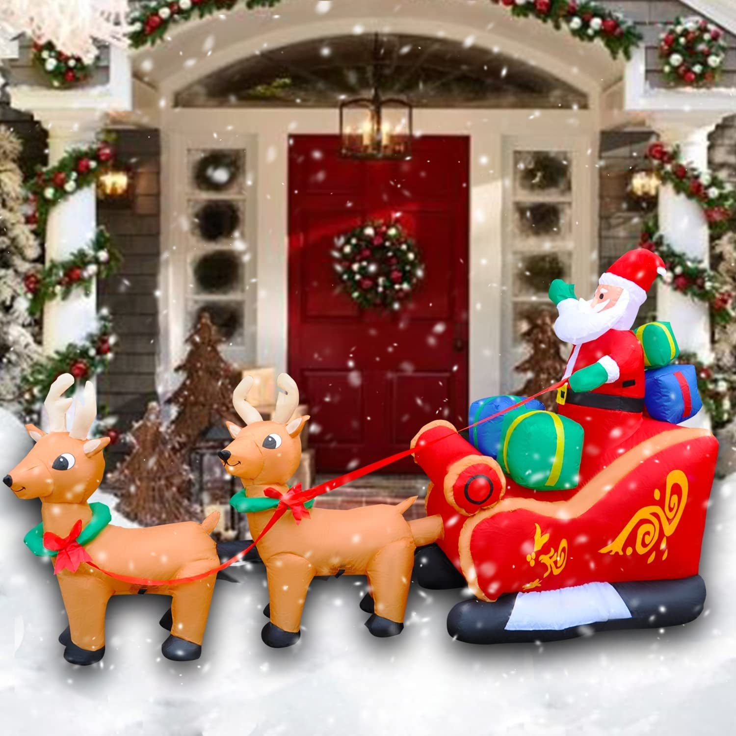 8 Ft Inflatable Christmas Reindeer Pull the Sleigh Take Santa Claus Xmas Decoration for Yard Lawn Garden Home Party Indoor Outdoor