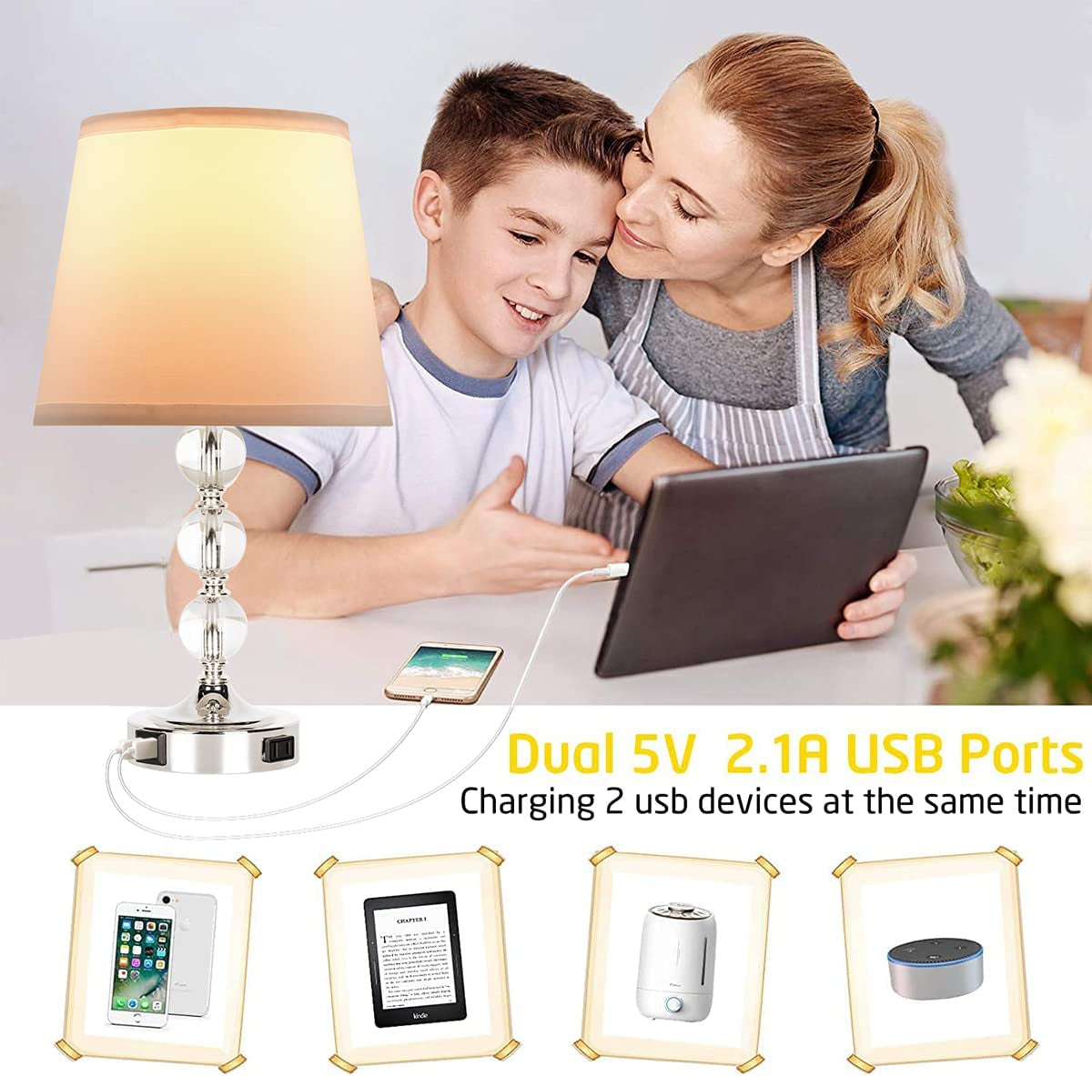 Table Lamp Set of 2, Bedside Touch Control Table Lamps for Bedroom Living Room, 3 Way Dimmable Nightstand Lamp with 2 USB Ports & AC Outlet, 2700K 9W Bulbs Included(Silver).