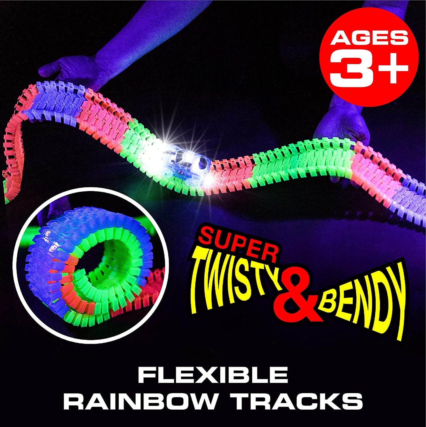 Glow Race Tracks and LED Toy Cars - 360Pk Glow in the Dark Bendable Rainbow Race Track Set STEM Building Toys for Boys and Girls with 2 Light up Toy Cars