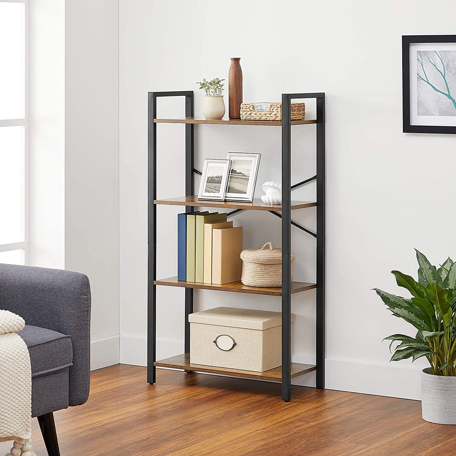 Bookshelf, 4-Tier Shelving Unit, Bookcase, Book Shelf, 11.8 X 25.9 X 47.2 Inches, Rustic Brown + Black