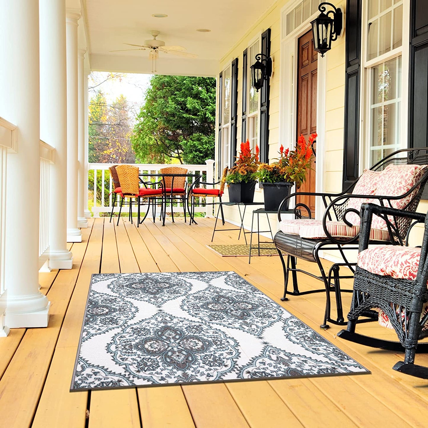 Ottohome Collection Boho Design Non-Slip Rubberback 3X5 Area Rug, 3'3" X 5', Blue/Ivory